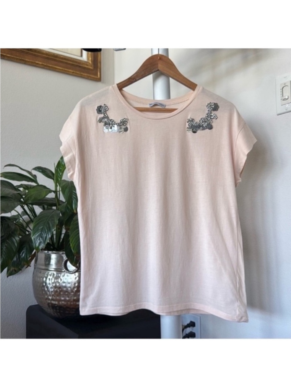 Zara Embellished Cotton Loose Fit Blouse/Top/Shirt/Tee Sz M rhinestones sequins